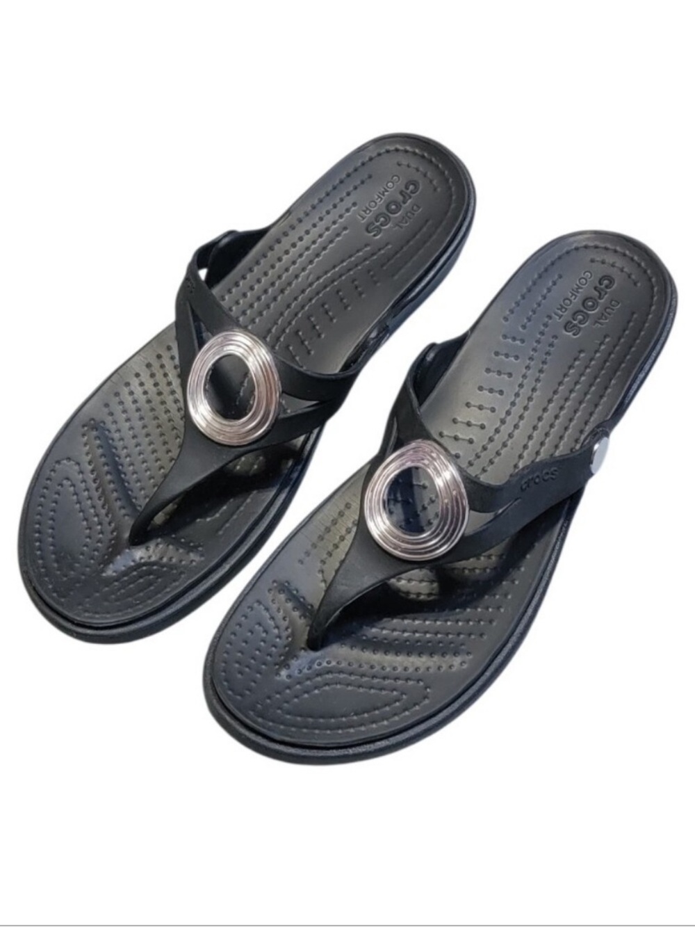 Crocs Sanrah Beveled Circle Black Thong Wedge Sandals Women's US 8